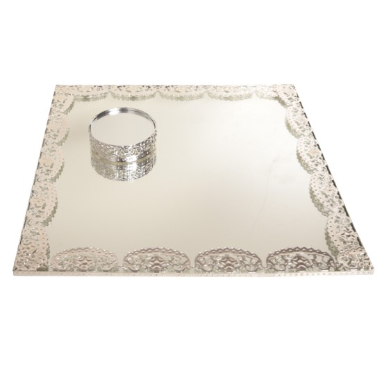 Quadrad Silber Spiegelglas Verlobungstablett mit Rundem Ring Platz ca. 30x30 cm - YCL001 - Mytortenland